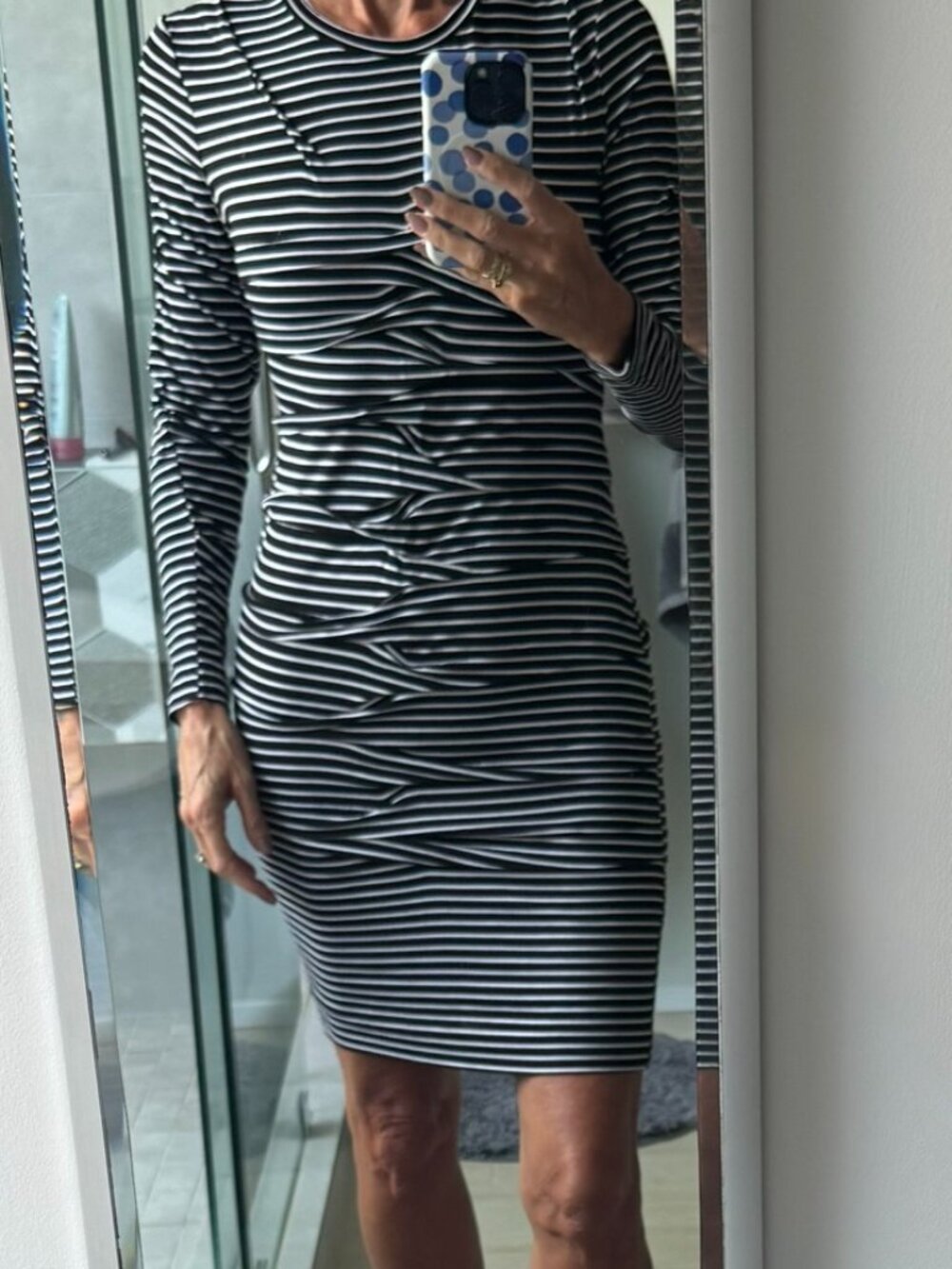 Nicole Miller Black White Striped Ruffle Dress Long Sleeve